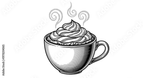 Classic Black and White Engraving of a Steaming Coffee Mug with Whipped Cream Topping