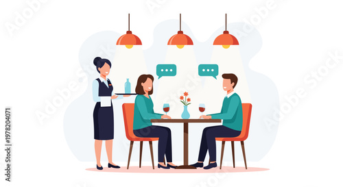 Young couple enjoys a romantic dinner at a restaurant while a waitress serves them drinks in a cozy atmosphere.