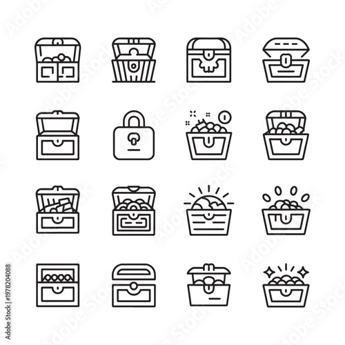 Collection of line art icons depicting various treasure chests and containers