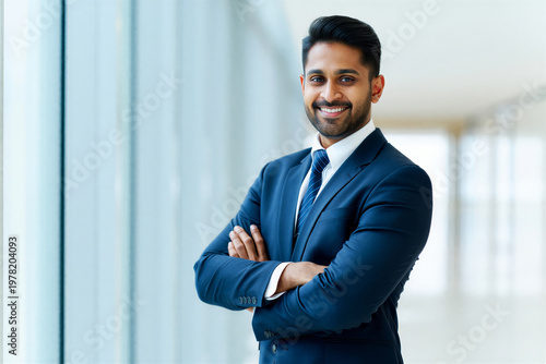 Confident young businessman standing with arms crossed in a modern office building with large windows