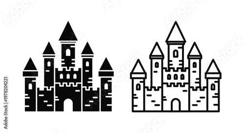 Two castle outlines showcase architectural details in a striking black silhouette