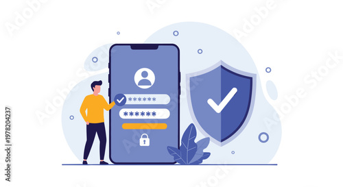 User ensures digital security by entering a strong password on a mobile phone interface protected by a cyber shield.