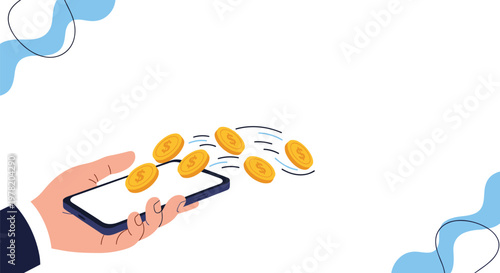 Close up of a hand holding a smartphone while gold coins fly out of the screen representing mobile banking and profit.