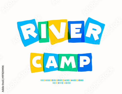 Vector recreational logo River Camp. Unique Bright. Modern Colorful Alphabet Letters and Numbers set.