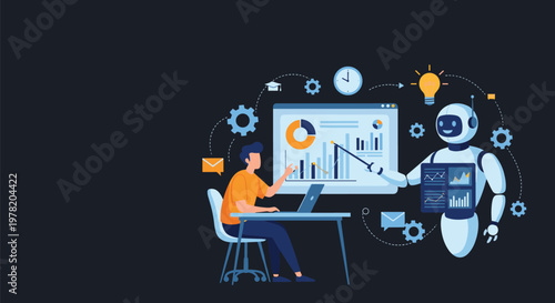 Man collaborates with an artificial intelligence robot to analyze business data and charts for strategic decision making.