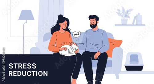 Couple enjoys a peaceful moment at home petting their sleeping cat to promote effective stress reduction and relaxation.