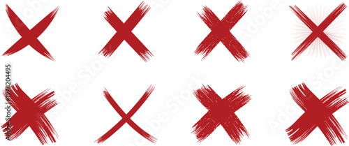 Red hand-drawn distressed brush stroke cross and x signs  icons for design. Paintbrush textured cross, ban and refusal.  vector illustration.
