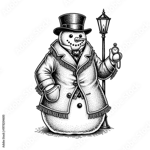 Vintage Engraved Snowman Gentleman with Top Hat Holding Pocket Watch by Lamppost
