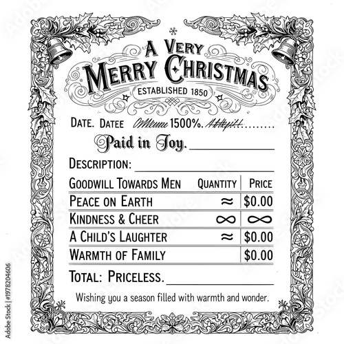Vintage Black and White Christmas Receipt Illustration for Holiday Warmth and Cheer