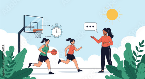 Young female athletes practice basketball drills while a professional coach monitors their time and performance in the sun.