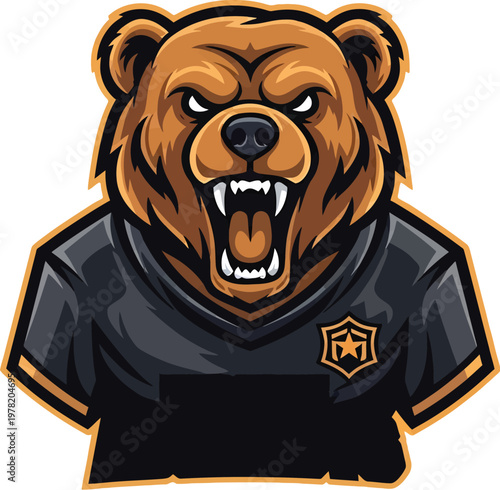 Grizzly bear mascot logo design: Aggressive bear character for esports team, gaming clan or sports branding