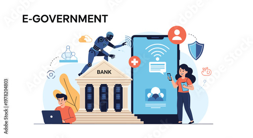 Modern e-government ecosystem integrating banking services, digital identity, medical care, and AI technology for citizens.