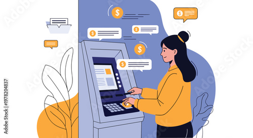 Young woman uses an automated teller machine to manage her bank account and receive digital transaction notifications.
