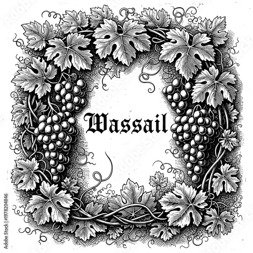 Vintage Black and White Grape Vine Frame with "Wassail" Text Illustration