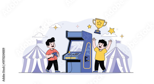 Two young boys celebrate their victory in an arcade game at a funfair with a gold trophy and joyful excitement.