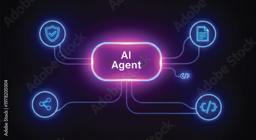 Neon glowing interface diagram with AI agent label connected to various service icons representing automated digital workflows and smart technology infrastructure systems.