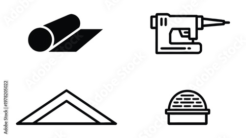Construction Icons: A comprehensive set of construction-themed icons, depicting essential tools and elements used in the building process. Featuring a rolled material, staple gun, roof shape.