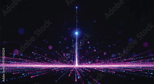 Abstract digital landscape of rising light particles and fiber optic trails against dark background symbolizing growth and expansion in digital infrastructure networks.