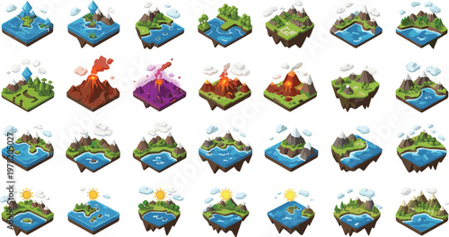 Set of Landscapes with Mountains, Volcanoes, Lakes, and Islands for Nature, Terrain, and Environmental Design Concepts