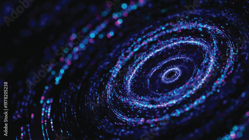 Abstract circular motion of blue and pink light particles creating glowing vortex effect representing data circulation and digital energy flow in quantum computing.