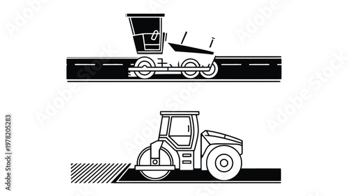 Road construction vehicles on road: An illustration showing road rollers and road construction vehicles, each meticulously designed to contribute to the construction of smooth, enduring road. 