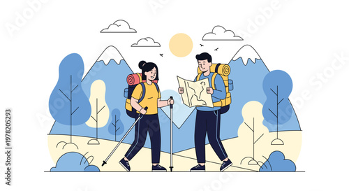 Active couple enjoys a hiking adventure in the mountains while using a paper map to navigate the scenic trails.