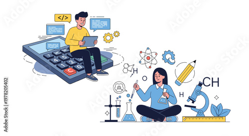 Educational concept featuring students specializing in mathematics and chemistry for advanced scientific research and academic success.