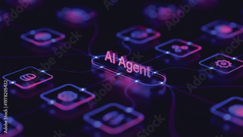 Top down perspective of AI agent node connected to various digital icons within glowing network layout representing centralized artificial intelligence management system.