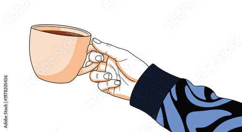 Human hand holds ceramic cup of hot black coffee or tea against a plain white background for minimalist concept design.
