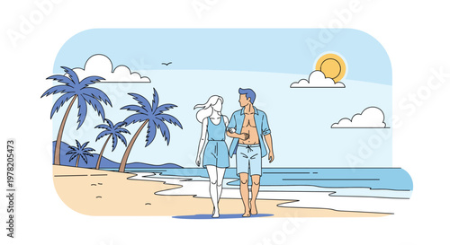 Happy young couple walks along a tropical sandy beach with palm trees under a bright sun during a summer vacation.