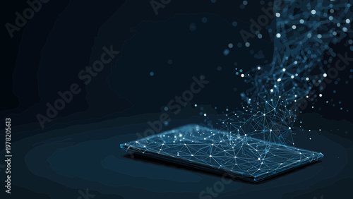 A digital abstract tablet device emerges from a network of data points, representing digital transformation and information access.
