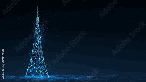 A futuristic abstract digital representation of a communication tower signifies global connectivity and information transmission.