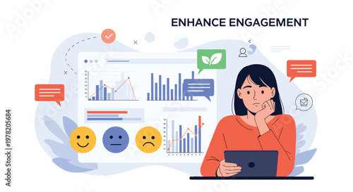 Professional woman analyzes digital engagement metrics on a screen with bar charts and various emotional reaction icons.