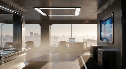 Modern interior with a panoramic view of the city.