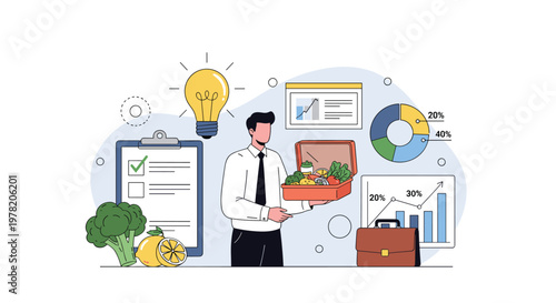 Professional man holds a box of fresh vegetables surrounded by business charts and checklists for a healthy lifestyle.