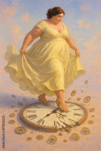 Serene Woman in Yellow Gown Breaking a Giant Clock with Heels
