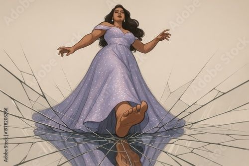 Woman in Sparkling Purple Gown Shattering a Mirror Surface Underfoot