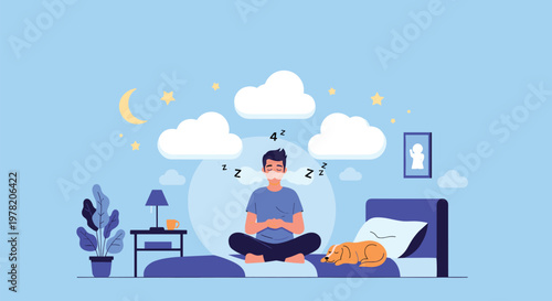 Young man practices mindfulness meditation on a bed at night while his dog sleeps peacefully in a quiet bedroom.