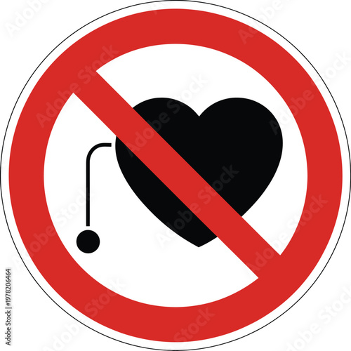 Verbotsschild für Personen mit Herzschrittmacher, black and white warning sign illustration indicating restricted area for people with pacemakers.