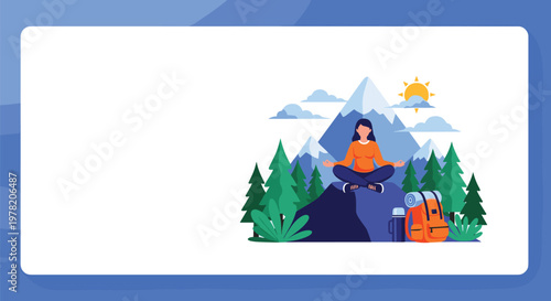 Woman finds inner peace through yoga meditation on a high rock surrounded by a lush pine forest and snowy mountains.