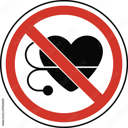 Verbotsschild Herzschrittmacher, black and white vector warning icon indicating prohibition for people with cardiac pacemakers for safety awareness.