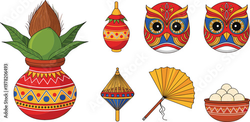 Traditional Bengali Pohela Boishakh Cultural Icon Set Featuring Mangal Ghat, Owl Mask, Hand Fan, Sweets, and Folk Symbols for Noboborsho Festival Branding and New Year Celebrations
