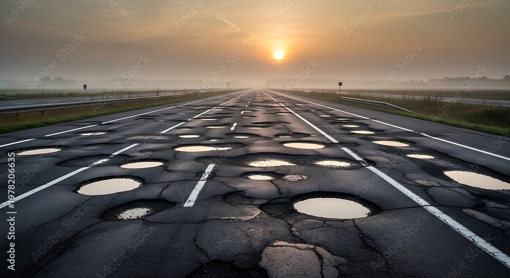 Obraz premium A sunlit road with many potholes in poor condition