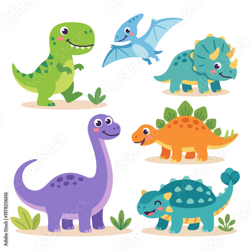 A colorful illustration of various cartoon dinosaurs, including a green T-Rex, purple Brontosaurus, and orange Stegosaurus, in a playful and fun design for kids.