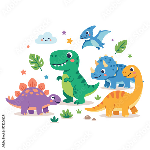 A colorful illustration of various cartoon dinosaurs, including a smiling green T-Rex, playful purple Stegosaurus, and happy orange Brontosaurus, with leaves and stars on a white background.