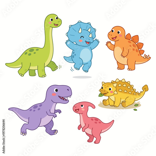 A colorful illustration of five cartoon dinosaurs, including a green brontosaurus, blue triceratops, orange stegosaurus, purple tyrannosaurus, and pink velociraptor, in a playful
