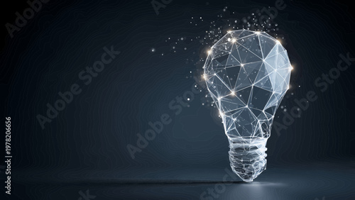 Light bulb formed by a complex digital mesh illuminates the surrounding space to illustrate the spark of innovation and creative problem solving.