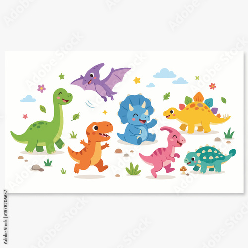 A colorful illustration of various cartoon dinosaurs and prehistoric animals, including a T-Rex, Triceratops, and Stegosaurus, in a playful outdoor setting with flowers and clouds.