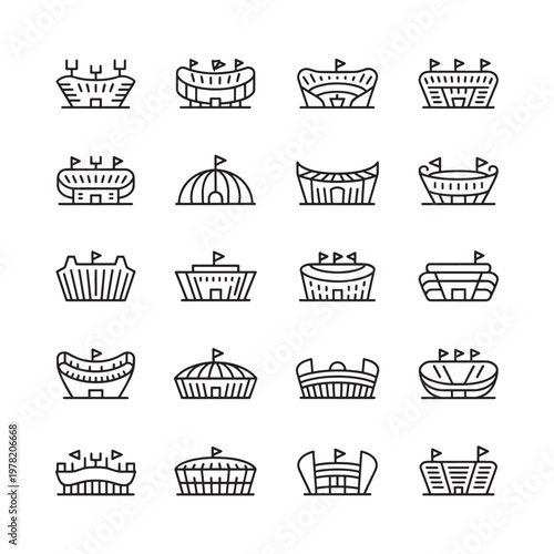 Line art icons depicting various stadium and arena architectural styles