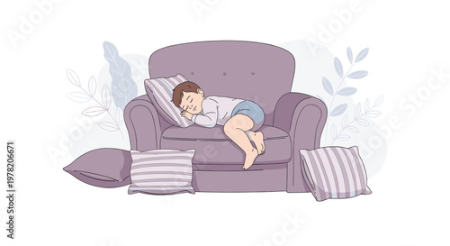 Adorable baby sleeps soundly on a large comfortable purple armchair surrounded by soft pillows in a white room.